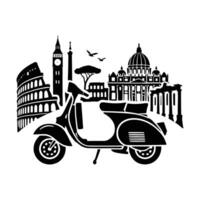 A black and white illustration of a scooter with the rome skyline in the background vector