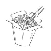 Wok box. Hand drawn illustration with Wok box and divergent rays. Used for poster, banner, web, t-shirt print, bag print, badges, flyer, logo design and more. vector