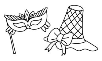set mask and a doodle hat for Mardi Gras. Monochrome isolated contour. For use in the design of materials, advertising, merchandise, and decor related to Mardi Gras, carnival events, and parties. vector