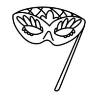 mask with a doodle holder for Mardi Gras. Isolated contour in monochrome. For use in the design of materials, advertising, goods and decor related to Mardi Gras holiday, carnival events and parties vector