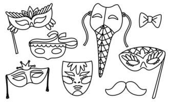 set of doodle masks for Mardi Gras. It will be useful for decorating materials related to carnival celebrations, creating decorations for events, posters and festive-themed products. Monochrome line vector