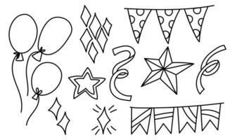 set doodle holiday items with balls, flags, confetti. It is suitable decorating materials parties, holidays, advertisements and products related to various celebrations and festive events. birthday vector