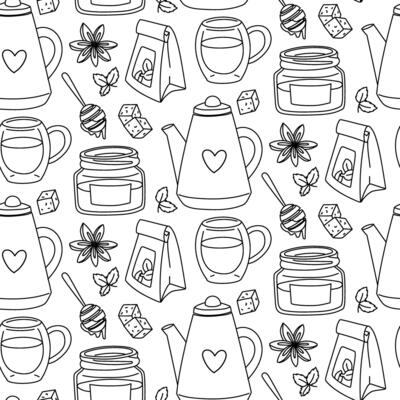 Doodle-style tea pattern with mugs, teapots, honey, star anise and sugar. It is ideal for tea packaging design, kitchen accessories, cafes, culinary blogs and restaurants. Individual elements on white