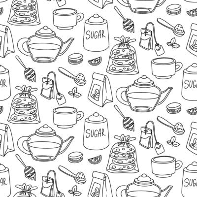 Doodle-style tea pattern with mugs, teapots, biscuits, lemon, mint and sugar. It is ideal for use in tea packaging design, kitchen accessories, cafes, culinary blogs and restaurants. individual items