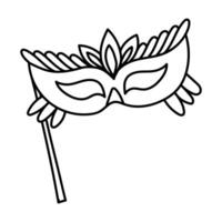 mask with a holder and doodle feathers for Mardi Gras. Isolated contour in monochrome. For use in design of materials, advertising, goods and decor related to the holiday, carnival events, parties vector
