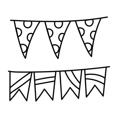set of doodle holiday items with flags. It is suitable for decorating materials for parties, holidays, advertisements and products related to various celebrations and festive events. Doodle birthday