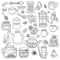 Tea set in doodle style with mugs, teapots, biscuits, lemon, ginger and sugar. Ideal for use in tea packaging design, kitchen products, cafes, food blogs and restaurants. isolated objects on a white vector