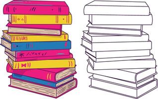 Vivid neon and outline book stacks illustrations - educational, library and reading concept for book lovers, learning and literary design vector