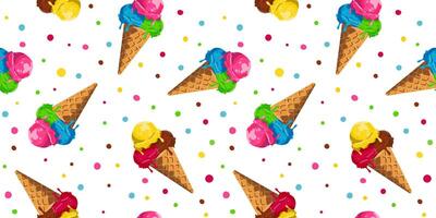 Seamless summer ice cream pattern with colorful waffle cones, melting scoops, and confetti dots. Perfect for postcards, textile design, wallpapers, and wrapping vector