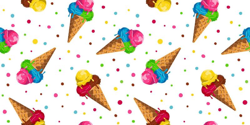 Seamless summer ice cream pattern with colorful waffle cones, melting scoops, and confetti dots. Perfect for postcards, textile design, wallpapers, and wrapping