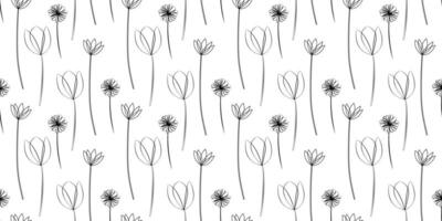 Seamless Floral Pattern, Black and White Line Art, Botanical Design on White Background, Texture for Textile and Print, Simple Flower Outlines vector