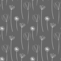 Seamless minimalist boho pattern, white outline pattern on gray background, botanical design, texture for textiles and print, simple flower outlines vector