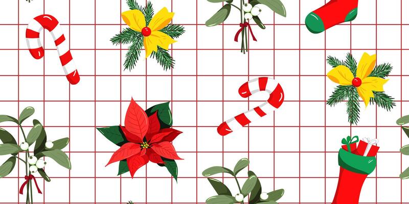 Seamless red checkered Christmas pattern, candy canes, poinsettias, mistletoe, stockings on white mesh background, festive design for textiles, design, paper, cards