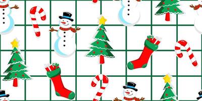 Seamless Christmas pattern with snowmen, trees, candies, stockings, on a checkered background, festive design, texture for textiles and print vector