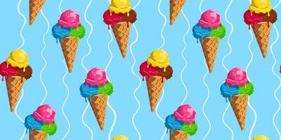 Seamless pattern of a bright ice cream cone on a light blue background with white wavy lines for summer design, wrapping paper, textiles and digital web art vector
