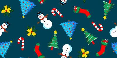 Seamless Christmas pattern, snowmen, trees, candy canes, stockings, navy blue background, festive web design, background for textiles and print vector