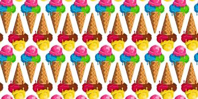 Seamless ice cream cone pattern, bright colors, summer dessert design, texture for textile and print, Illustration of sweet treat on white background vector