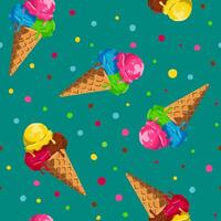 Seamless Summer Ice Cream Pattern Colorful Waffle Cones with Melting Scoops on Vibrant Background for Cards, Textile, Packaging, Wallpaper, and Digital Design vector
