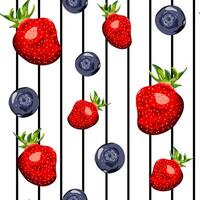 Seamless summer fruit pattern with strawberries and blueberries on a modern striped background. Perfect for postcards, textile design, wallpapers, and wrapping vector