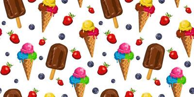Seamless summer pattern with ice cream cones, chocolate popsicles and fresh strawberries blueberries on a white background. Perfect for textile design, packaging and invitations vector