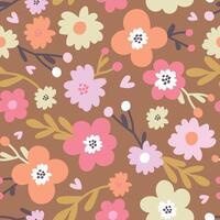 Seamless botanical pattern with abstract colorful flowers, leaves and twigs. Flat illustration vector