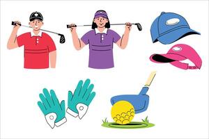 Golfing equipment and players in a flat illustration style design vector