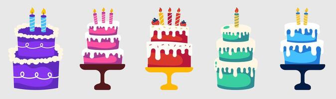 Colorful Array of Festive Birthday Cakes with Burning Candles Illustration vector