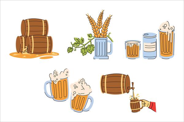 Craft beer theme showing barrels, wheat stalks, hops, cans, glasses and mugs filled with beer.