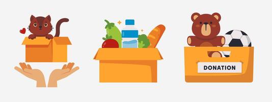 Generosity visualized, boxes showcasing diverse donations for those in need vector