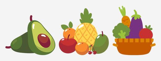 A colorful collection of fruits and vegetables in a charming cartoon style, perfect for health and nutrition themes. vector
