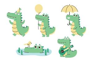 Adorable Alligator Character Collection with Playful Activities and Expressions vector