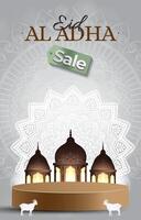 eid al adha sale discount portait template banner with blank space 3d podium for media social feed product sale with abstract gradient brown background design vector