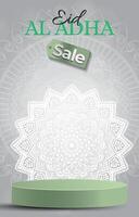 eid al adha sale discount portait template banner with blank space 3d podium for media social feed product sale with abstract gradient green background design vector