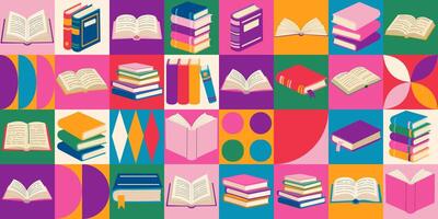 A colorful collage of books with different sizes and colors. Concept of a diverse collection of books, possibly representing a library or a bookstore vector