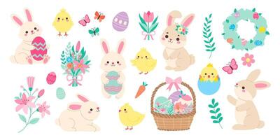 A collection of Easter bunny and bird characters. Some of the characters are holding eggs. There are also flowers and a wreath in the background vector