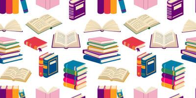 A pattern of books with some of them open. The books are of different sizes and colors. The pattern is made up of various books stacked on top of each other vector