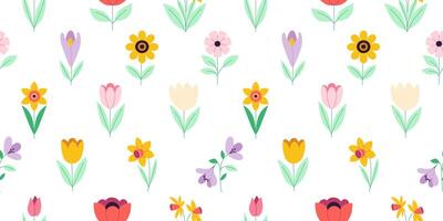 A collection of colorful flowers with green leaves. The flowers are arranged in a row and include tulips, daisies, and sunflowers vector