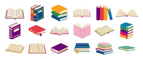A collection of books with different colors and sizes. Some of the books are open and some are closed vector