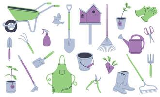 Set of gardening tools, plants and items. Flat graphic elements for spring and summer designs. vector