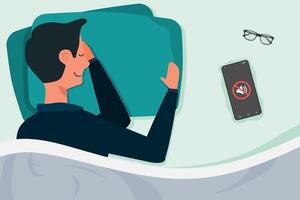 A man sleeping on the bed with pillow, blanket, and a mobile phone with mute sound or silent mode symbol. Do not disturb concept. vector