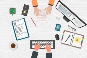 Top view of a customer service representative's desk serving customers or a businessperson and his clients vector
