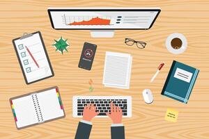 Top view of person using computer for work or study with files and notebooks on desk vector