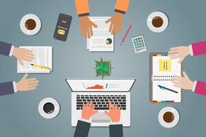 Top view of business group meeting or discussion at a work desk vector