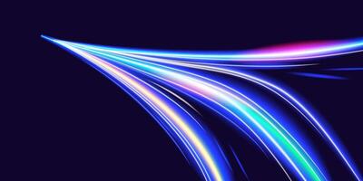 Futuristic neon motion light trails with speed blur effect on dark background. Ideal for technology, digital innovation, high-speed internet, data transfer, sci-fi themes, and dynamic banners. vector