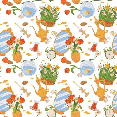 Seamless pattern for the spring equinox holiday Novruz in Azerbaijan and Iran. Background with Persian New Year symbols. Mirror, green wheat sprouts, fish, sweets, candle, tea, gold coins, flowers.