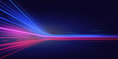 Speed motion light trails in neon blue and pink on dark background. Perfect for technology, high-speed data transfer, sci-fi, fast internet, telecom, digital acceleration, and dynamic banners. vector