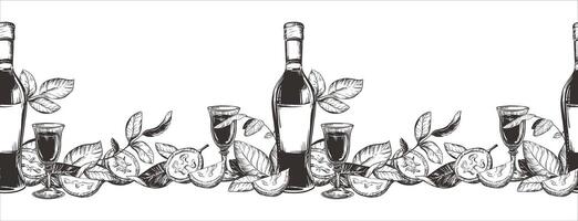 Bottle of Italian liqueur Nocino, glass with aperitif. seamless pattern in engraving technique. Unripe walnut seeds whole and halves, leaves and branches. Linear sketch in black ink. vector