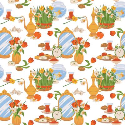 Seamless pattern for International Day of Nowruz. Iranian New Year is a holy day and religious holiday of Zoroastrians and Baha'is. Mirror, green grass, sweets, candles, vinegar, flowers. Flat .