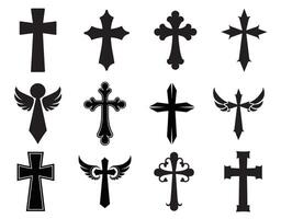Christian Cross Silhouette. Set Christian Cross Symbol Flat And Outline Style. vector