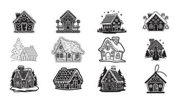 Charming Gingerbread House Designs with Snow, Trees, and Festive Details vector